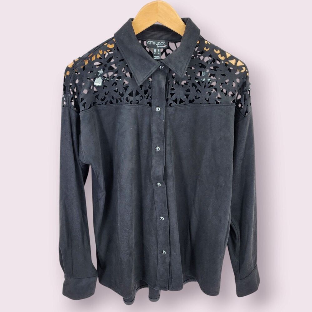 Attitudes Western Festival Top Rodeo Ranch Cowboy Cut Out Button Up Black Small